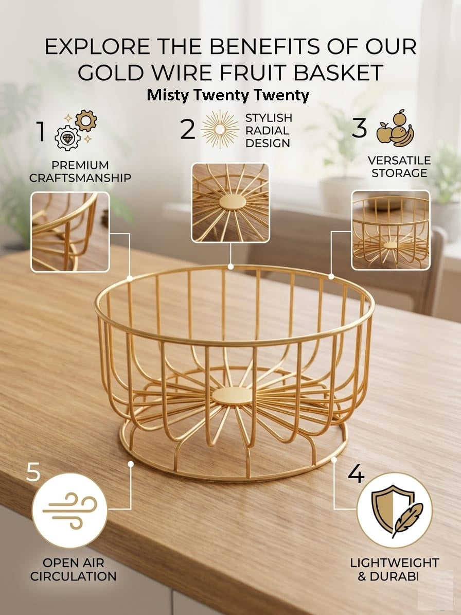 Golden Metal Fruits Basket | Decorative Wire Fruit Bowl
